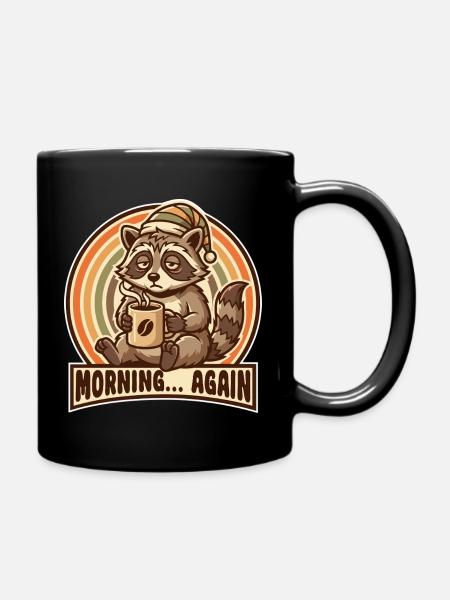 Morning grouch raccoon with coffee - Full Colour Mug - black
