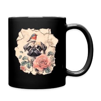 Pug with robins - Full Colour Mug - black - Right