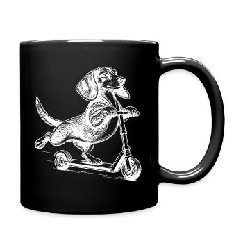Dackel auf dem Tretroller – Vintage-Stil - Tasse einfarbig - Schwarz - Rechts