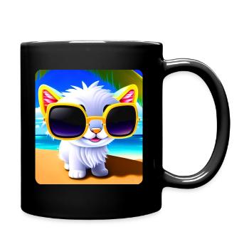Naughty cat in sunglasses on the beach with sea - Full Colour Mug - black - Right
