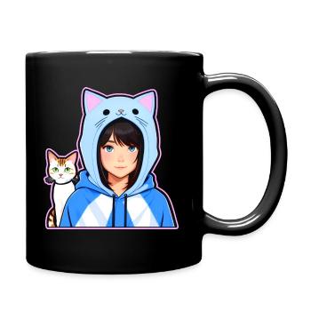 Cute Anime Manga Girl with Cat Hoodie - Full Colour Mug - black - Right