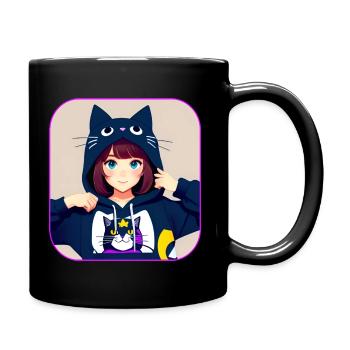 Cute Anime Manga Girl with Cat Hoodie - Full Colour Mug - black - Right