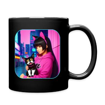Jolie fille d’anime en rose avec des chats - Mug uni - noir - Droite