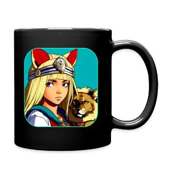 Cooles Anime Manga Girl mit Löwe - Tasse einfarbig - Schwarz - Rechts