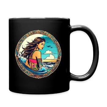 Jolie surfeuse fille sur la plage avec coucher de soleil - Mug uni - noir - Droite