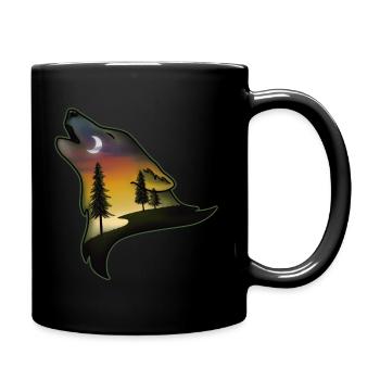 Nacht des Wolfes - Wald & Sonnenuntergang - Tasse einfarbig - Schwarz - Rechts