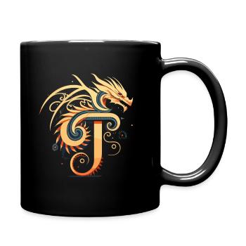 Buchstabe T mit Drache - Tasse einfarbig - Schwarz - Rechts