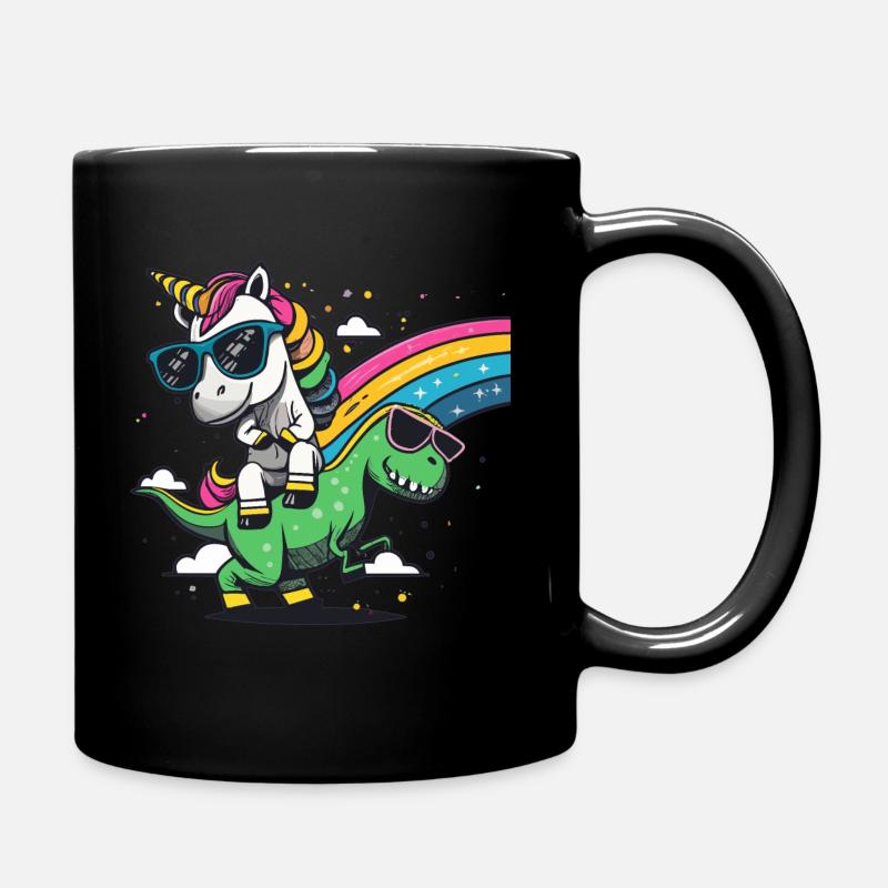Unicorn riding on a T-Rex - Full Colour Mug - black