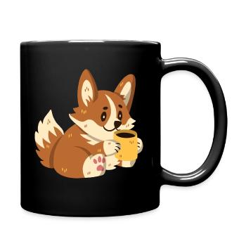 Corgi trinkt Kaffee - Tasse einfarbig - Schwarz - Rechts
