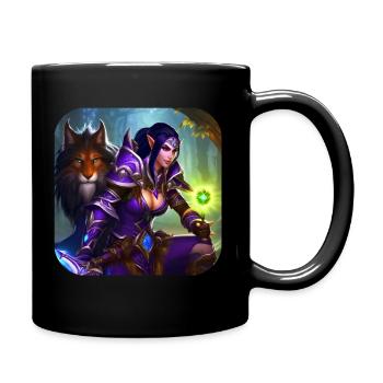 Stolze Fantasy Elfen Kriegerin mit Löwe - Tasse einfarbig - Schwarz - Rechts