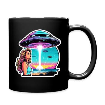 Woman is shocked by appearance of UFO. - Full Colour Mug - black - Right