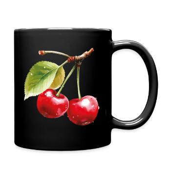 Kirschen auf Blättern  - Tasse einfarbig - Schwarz - Rechts