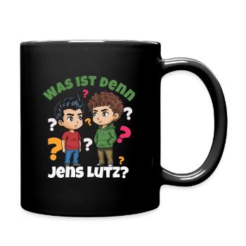 Was ist denn jetz los? Cartoon, Wortspiel - Tasse einfarbig - Schwarz - Rechts