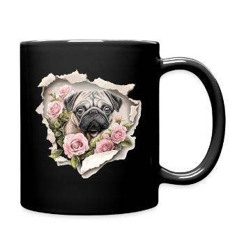 Mops Blumen Vintage - Tasse einfarbig - Schwarz - Rechts
