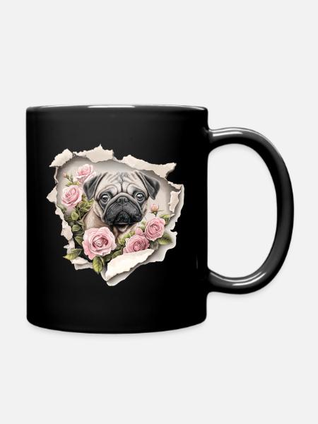Mops Blumen Vintage - Tasse einfarbig - Schwarz