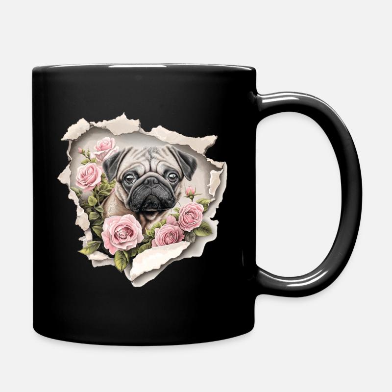 Mops Blumen Vintage - Tasse einfarbig - Schwarz