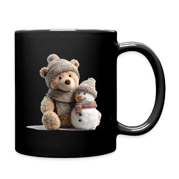 Winter Kuschelbär mit einem Schneemann - Tasse einfarbig - Schwarz - Rechts