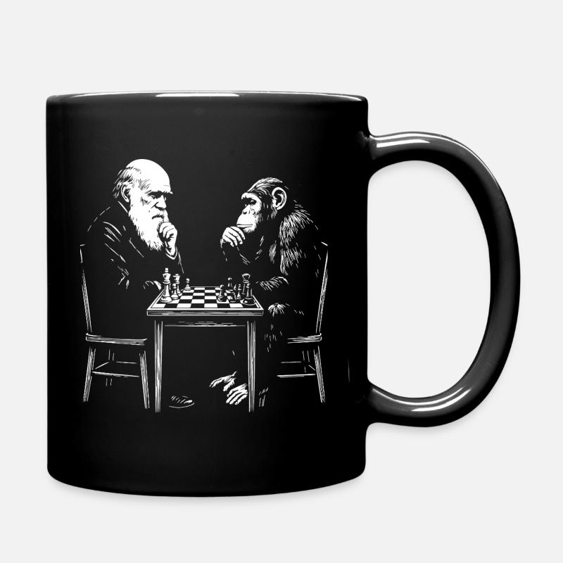 Darwin plays chess with monkey - Evolution game - Full Colour Mug - black