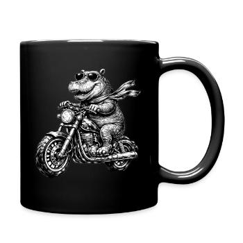 Hippo auf Motorrad - Tasse einfarbig - Schwarz - Rechts