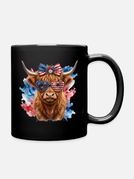 Highland Cow with heart-shaped glasses - Full Colour Mug - black