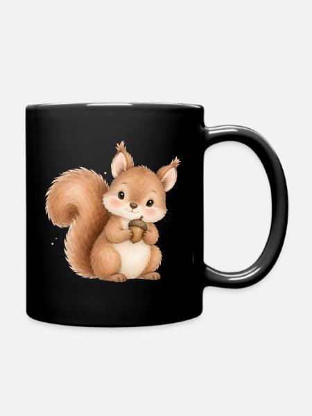 Süßes Eichhörnchen mit Eichel Aquarell Waldtier - Tasse einfarbig - Schwarz