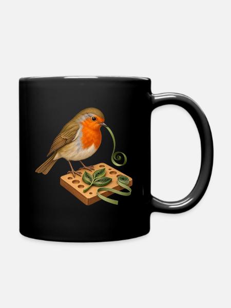 Rotkehlchen mit Quilling-Blatt - Tasse einfarbig - Schwarz