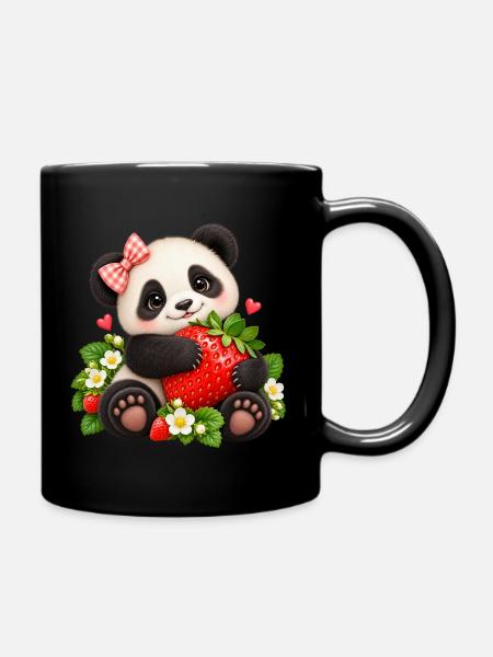 Süßer Panda mit Erdbeere - Tasse einfarbig - Schwarz