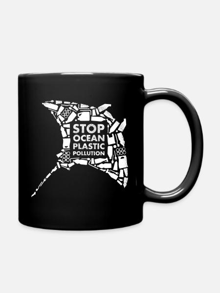 White Stripe Stop Ocean Plastic Pollution - Full Colour Mug - black