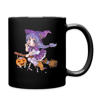Süße Hexe auf Besen mit Süßigkeiten im Manga Style - Tasse einfarbig - Schwarz - Rechts