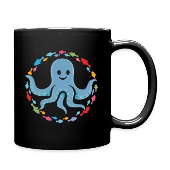 lustiger Oktopus im bunten Fischekreis - Tasse einfarbig - Schwarz - Rechts