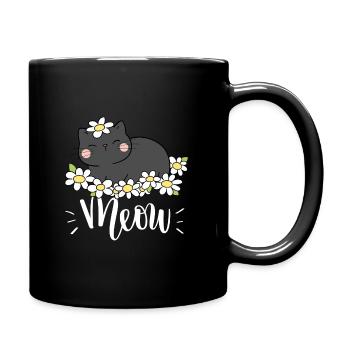 Chat mignon kawaii drôle avec des tournesols disant miaulement - Mug uni - noir - Droite