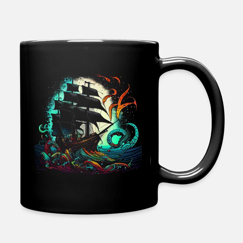 Bateau pirate rétro avec une pieuvre colorée - Mug uni - noir