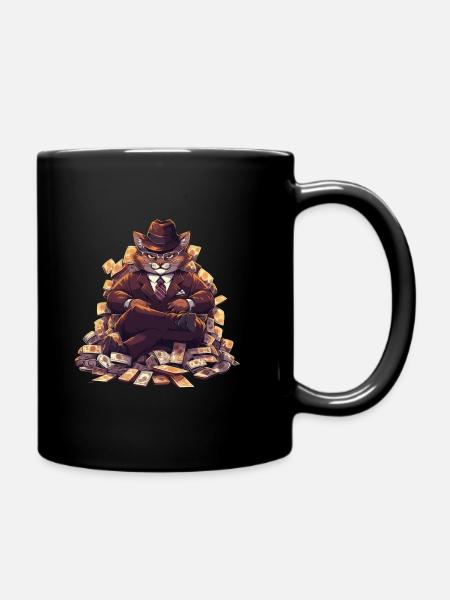 Gangster Cat Dressed In A Stylish Suit And Cash - Full Colour Mug - black