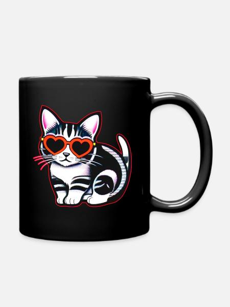 Niedliche coole Katze mit Herz Sonnenbrille - Tasse einfarbig - Schwarz