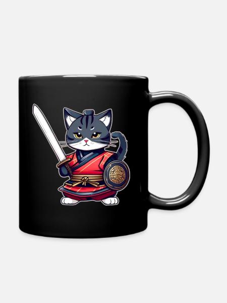 Niedliche Samurai Katze - Tasse einfarbig - Schwarz