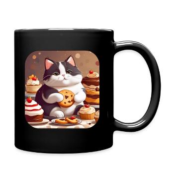 Niedliche dicke Katze mit Keksen und Kuchen - Tasse einfarbig - Schwarz - Rechts