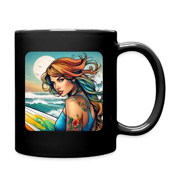 Jolie surfeuse fille sur la plage avec coucher de soleil - Mug uni - noir - Droite