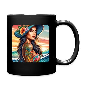 Jolie surfeuse fille sur la plage avec coucher de soleil - Mug uni - noir - Droite