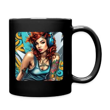 Fille cool avec des cheveux roux, des tatouages et des écouteurs - Mug uni - noir - Droite