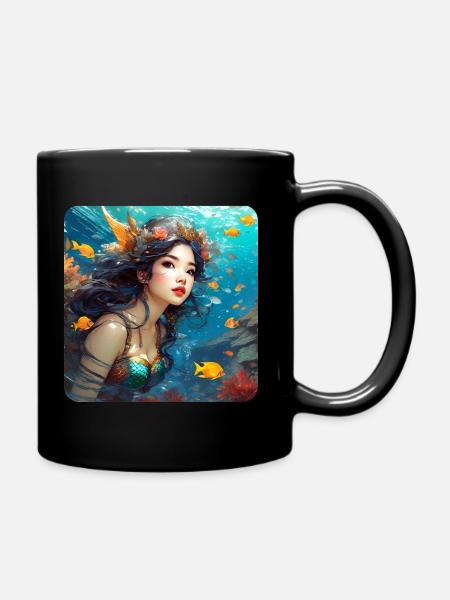 Niedliche Meerjungfrau mit Fischen Anime - Tasse einfarbig - Schwarz
