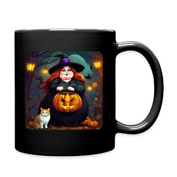 Dicke Hexe mit Kürbislaterne und Katze - Tasse einfarbig - Schwarz - Rechts