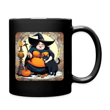 Cute fat witch with black cat - Full Colour Mug - black - Right