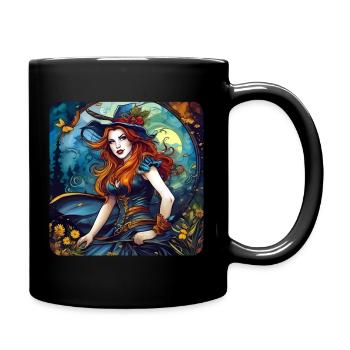 Halloween Witch with Red Hair + Flowers in Autumn - Full Colour Mug - black - Right