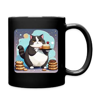 Niedliche dicke Katze mit Cup Cake - Tasse einfarbig - Schwarz - Rechts