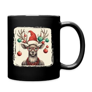 Rentier mit Weihnachtskugeln und Mütze - Tasse einfarbig - Schwarz - Rechts
