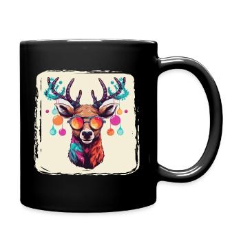 Rentier mit Weihnachtskugeln und Mütze - Tasse einfarbig - Schwarz - Rechts