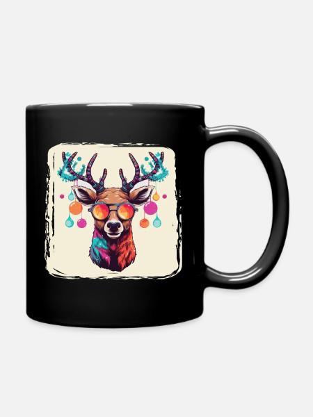 Rentier mit Weihnachtskugeln und Mütze - Tasse einfarbig - Schwarz