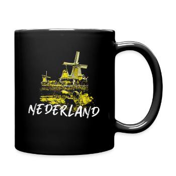 Illustration of windmills Netherlands, yellow - Full Colour Mug - black - Right