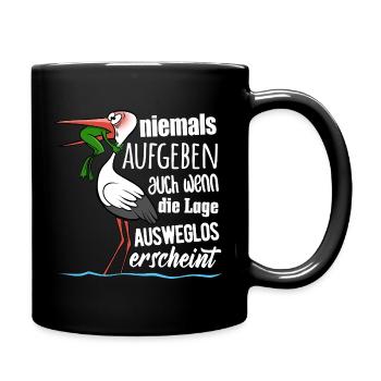 Frosch und Storch - Niemals Aufgeben - Spruch - Tasse einfarbig - Schwarz - Rechts