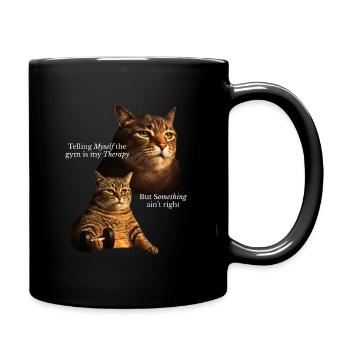 Cat with dumbbell and life crisis - Full Colour Mug - black - Right